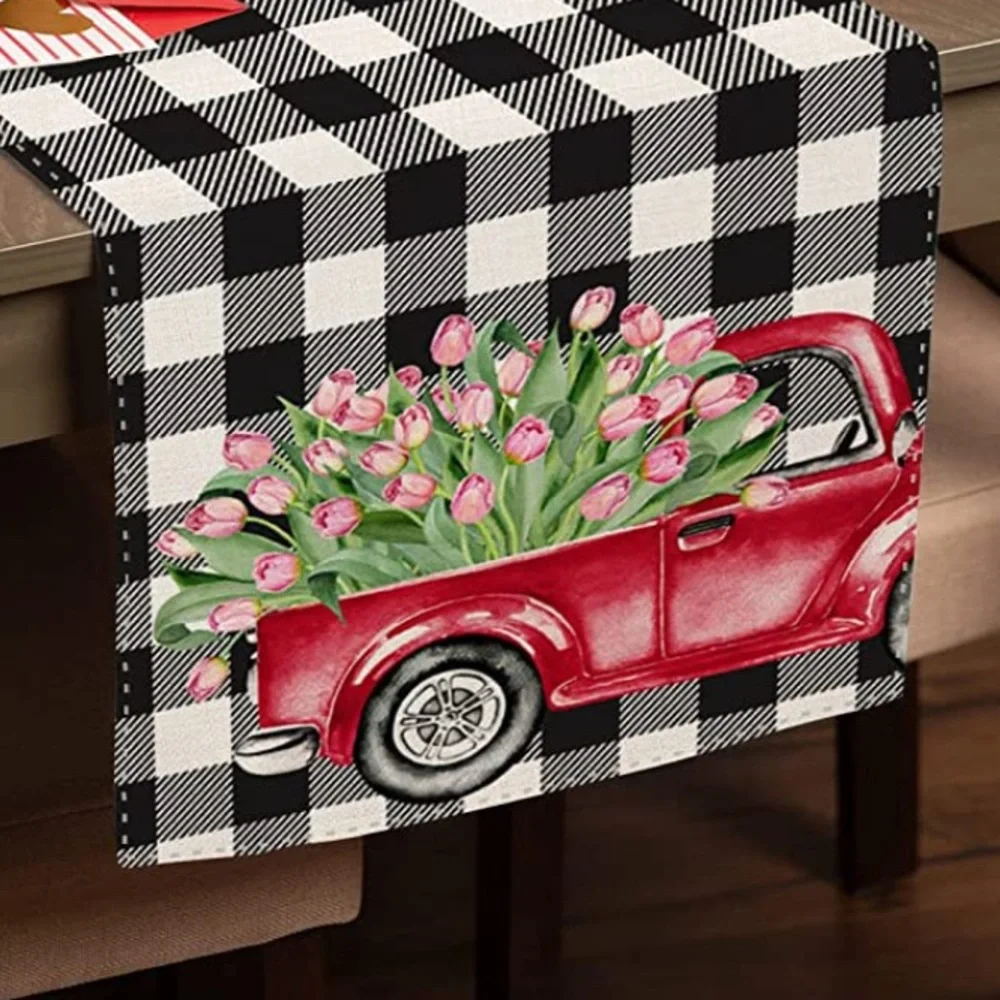 Old Truck Spring Floral Tulips Table Cloth Runner Indoor Outdoor 72”Lx 13”W NEW